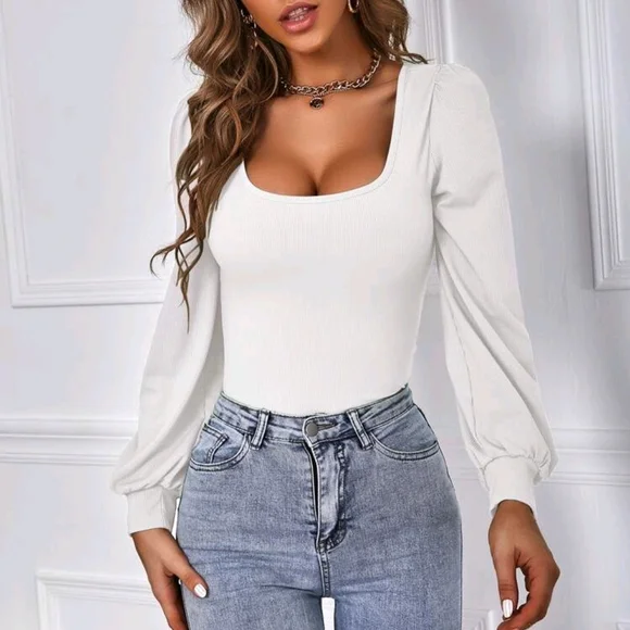 SHEIN White Puff Sleeve Long Sleeve Top Blouse, Size Medium - Picture 3 of 10